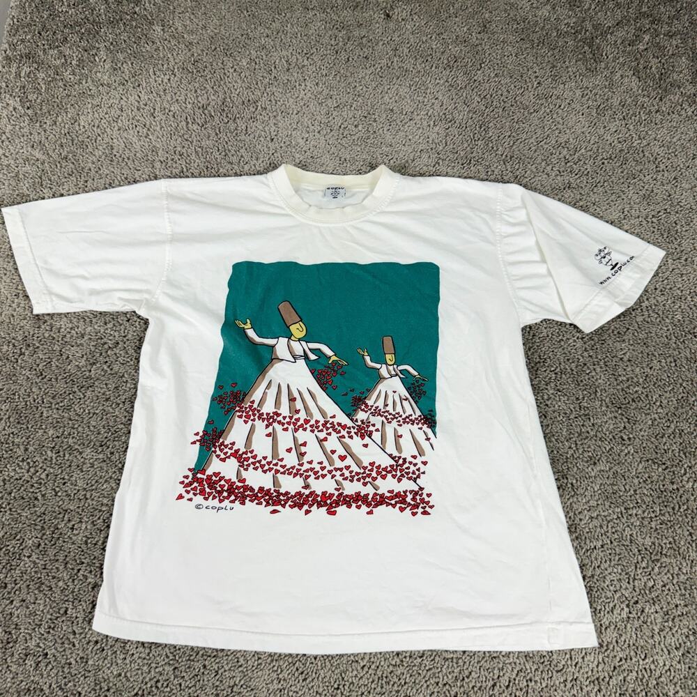 Coplu Shirt Mens Large White Whirling Dervish Hearts Graphic Art T-Shirt Tee